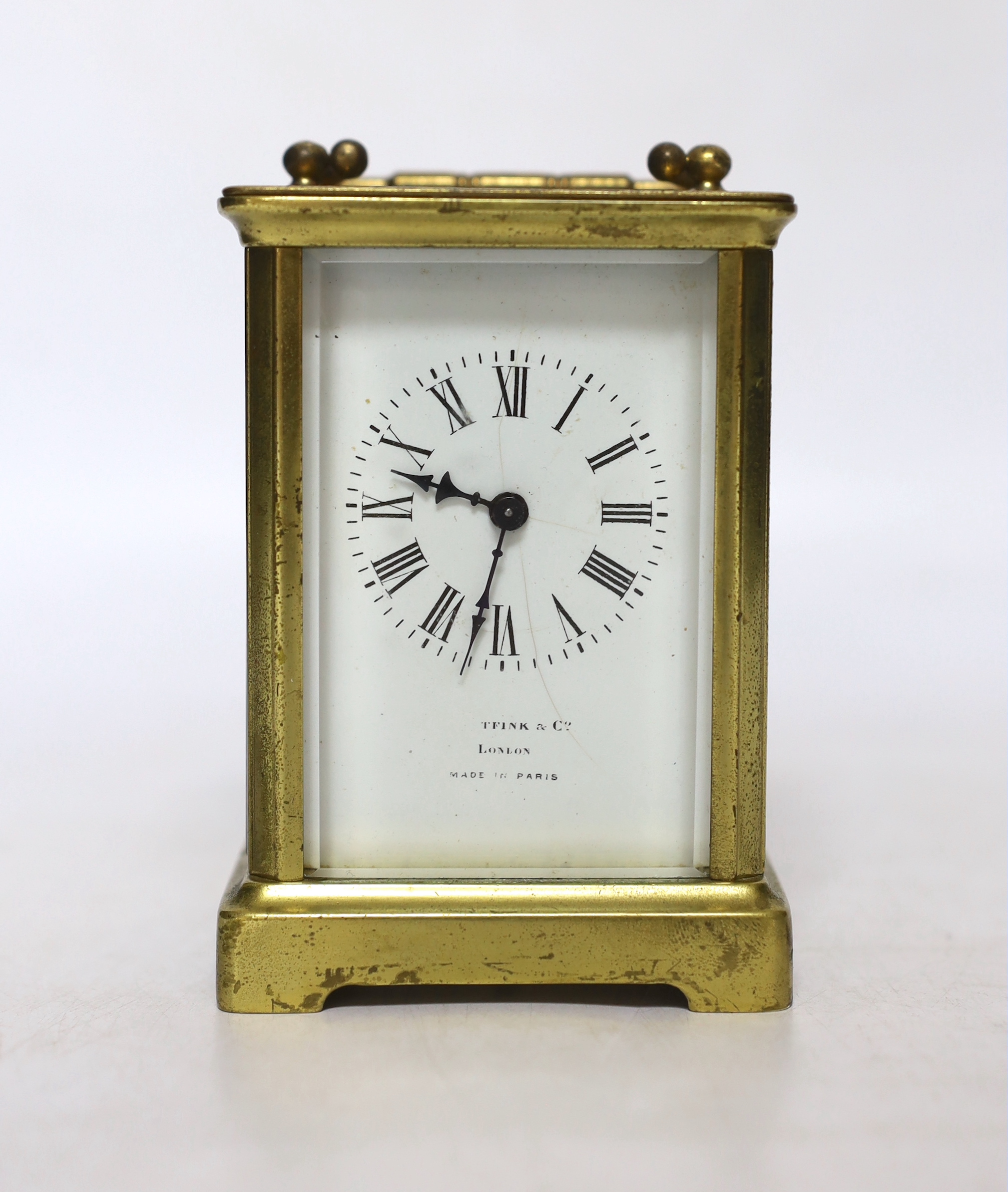 A late 19th century French eight day brass cased carriage timepiece, signed Tfink & Co. London, Made in Paris, 11cm